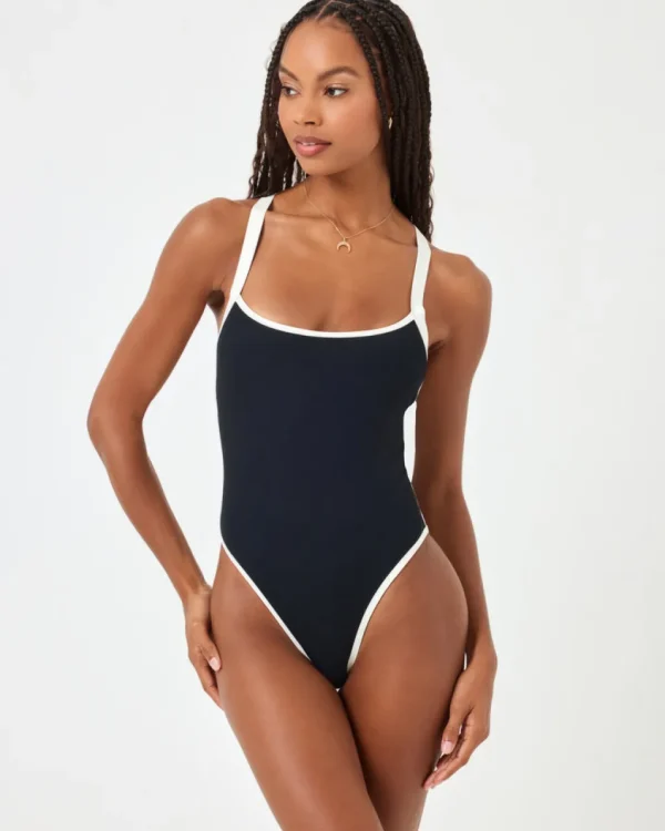 Best Black/Cream Ribbed Baewatch One Piece Swimsuit High Leg One Pieces