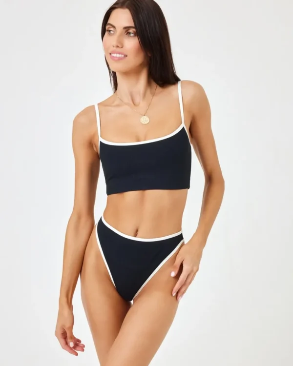 Discount Black/Cream Ribbed Nora Bikini Bottom Minimal Coverage Bottom | High Waist Bottom